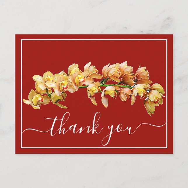 Pale Orange Yellow Orchid Red Backdrop Thank You Postcard (Front)