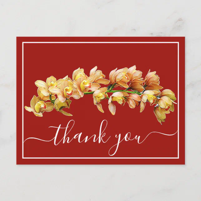 Pale Orange Yellow Orchid Red Backdrop Thank You Postcard | Zazzle