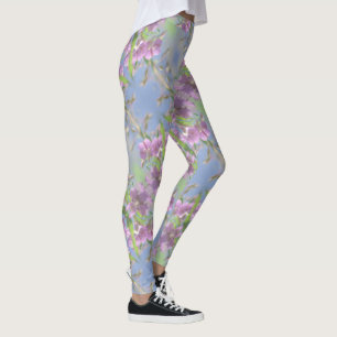 Pale Pastel Blue Sky Wild Flowers Purple Pink Leggings