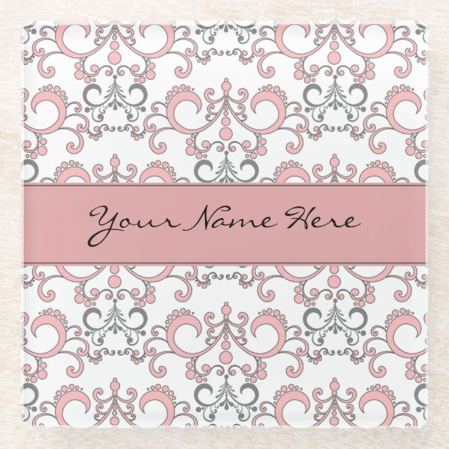 Pale Pastel Pink and Grey Arabesque on White Glass Coaster (Front)