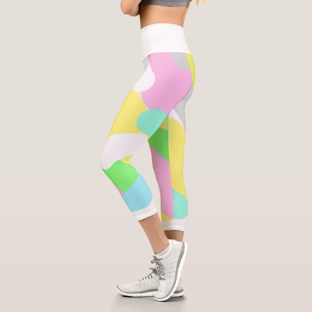 Pale Pastel Turquoise Green Blue Pink Abstract Art Capri Leggings (Left)