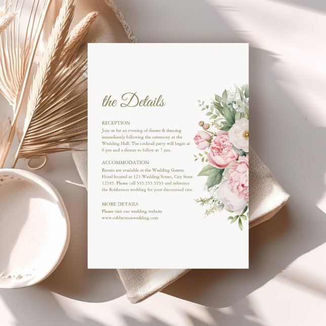 Pale Peach and Blush Floral Wedding Details Card (Pale Peach and Blush Floral Wedding Details Card on a boho wedding table.)