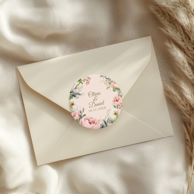 Pale Peach and Blush Pink Floral Wedding  Classic Round Sticker (Pale Peach and Blush Pink Floral Wedding Classic Round Sticker on a wedding envelope.)