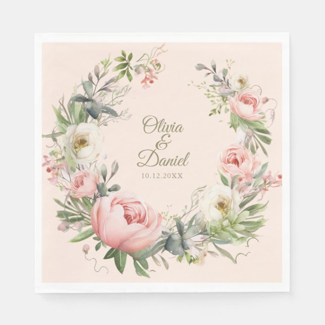 Pale Peach and Blush Pink Floral Wedding  Napkin (Front)