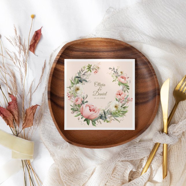Pale Peach and Blush Pink Floral Wedding  Napkin (Pale Peach and Blush Pink Floral Wedding Paper Dinner Napkins on wedding table)