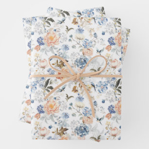 Pale Peach Blush Blue Bird  Wrapping Paper Sheet