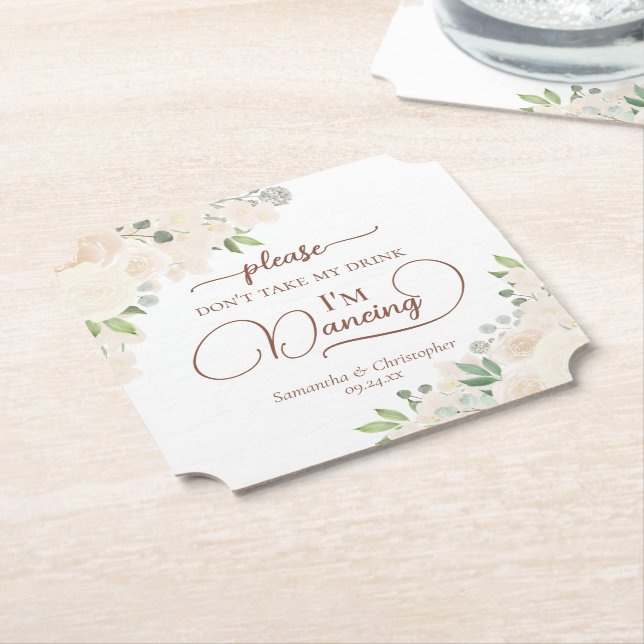 Pale Peach Floral Don't Take My Drink Wedding Paper Coaster (Angled)