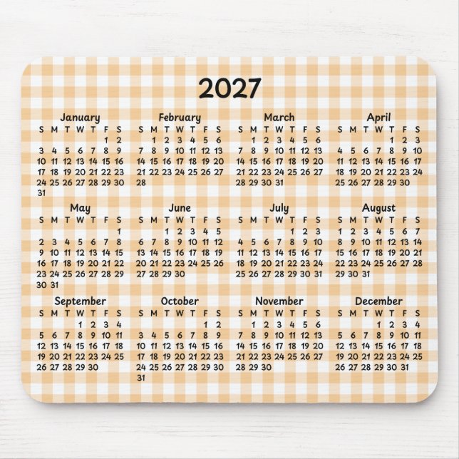 Pale Peach Gingham Whimsical 2027 Calendar Mouse Mat (Front)