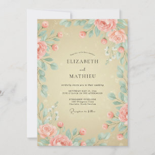 Pale Peach Mint Peony Wedding Invitation