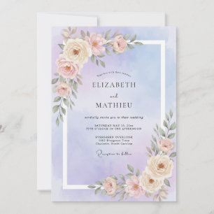 Pale Peach Periwinkle Leafy Wedding Invitation