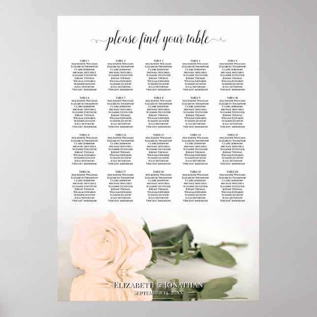 Pale Peach Rose 20 Table Wedding Seating Chart (Front)