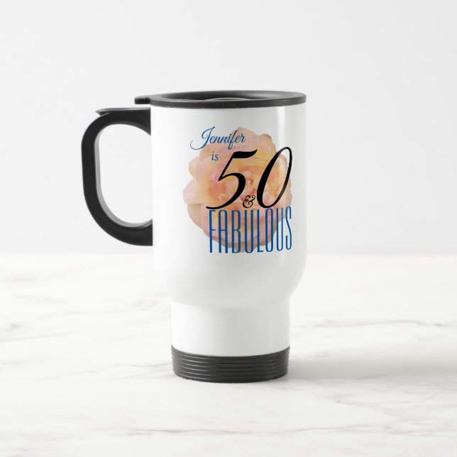 Pale Peach Rose 50 and Fabulous Birthday Travel Mug (Left)