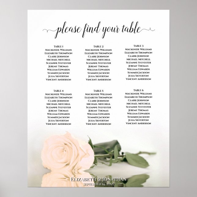 Pale Peach Rose 6 Table Wedding Seating Chart (Front)