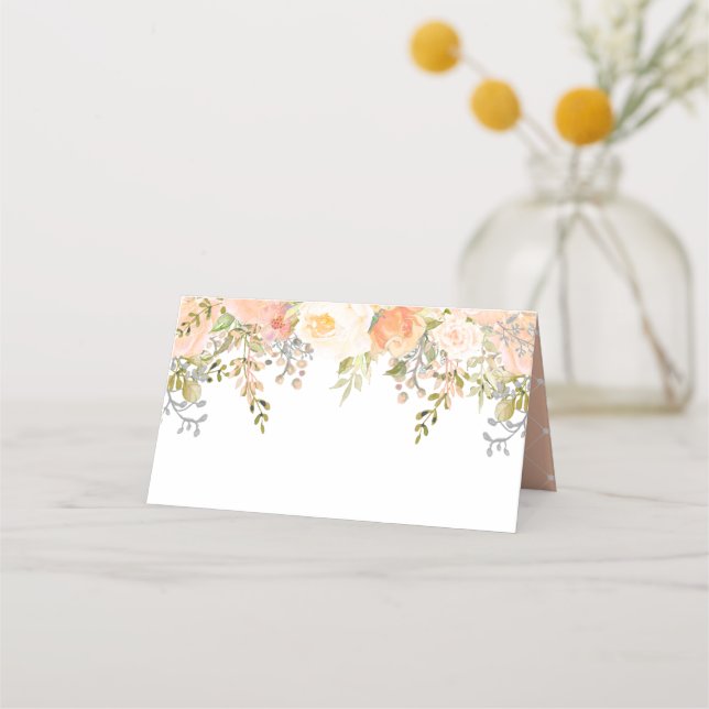 Pale Peach Roses Waterfall with Greenery Place Card (Front)