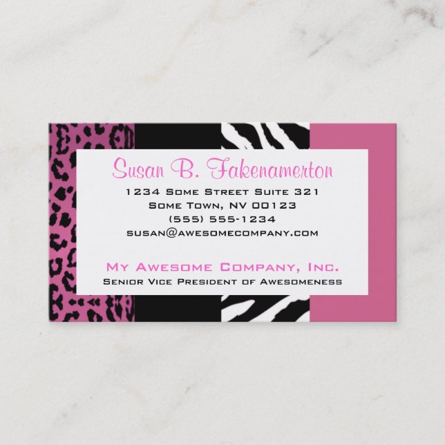 Pale Pink and Black Animal Print Zebra and Leopard Business Card (Front)