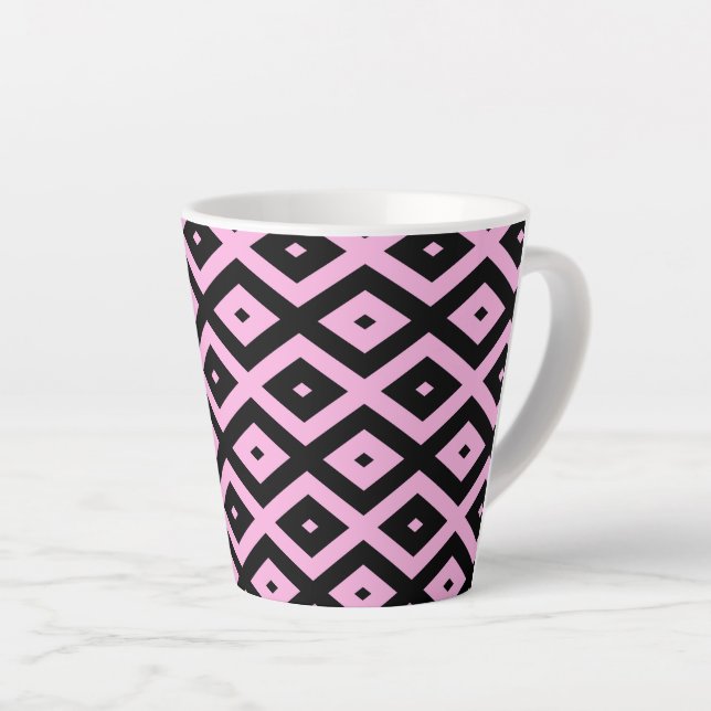 Pale pink and black diamond pattern latte mug (Right Angle)