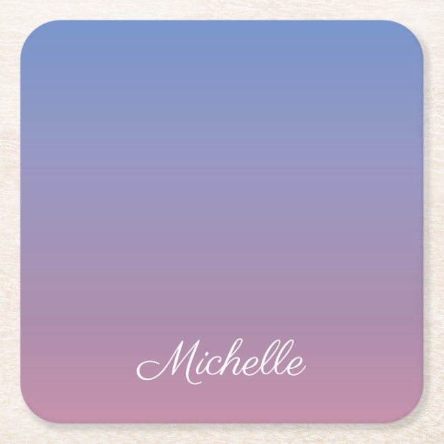Pale pink and blue gradient ombre square paper coaster (Front)