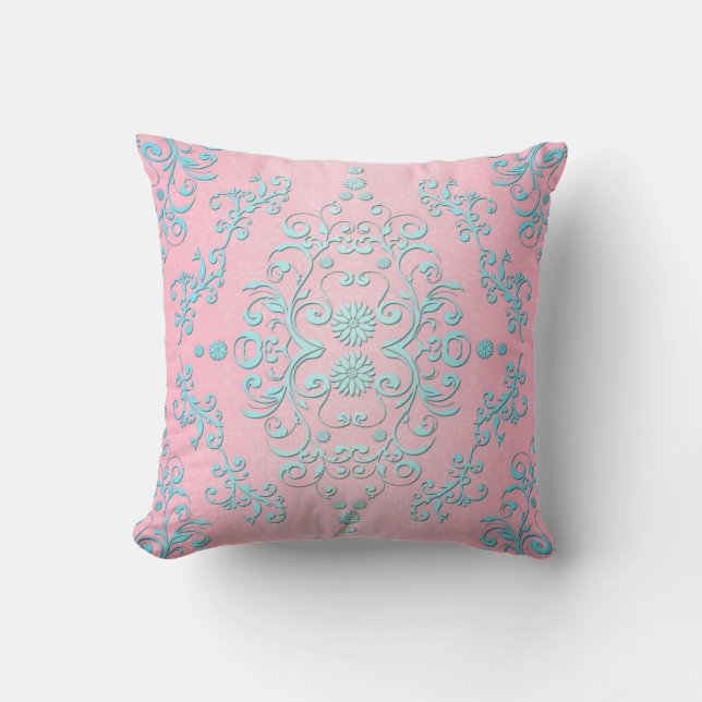 Pale Pink and Powdery Blue Girly Damask Cushion (Front)