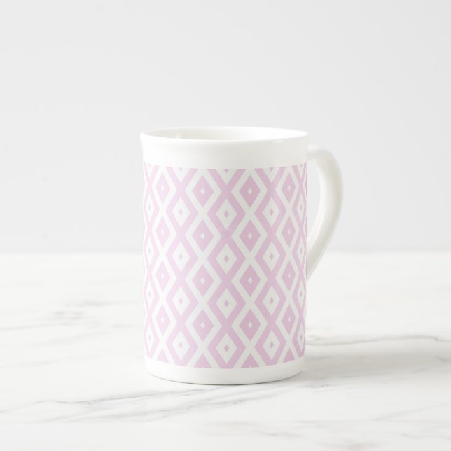 Pale pink and white diamond pattern bone china mug (Front Right)