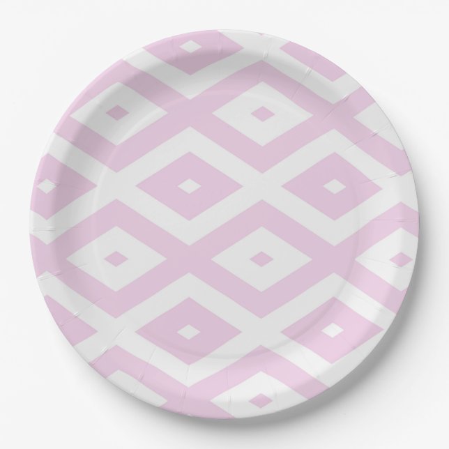 Pale pink and white diamond pattern paper plate (Front)
