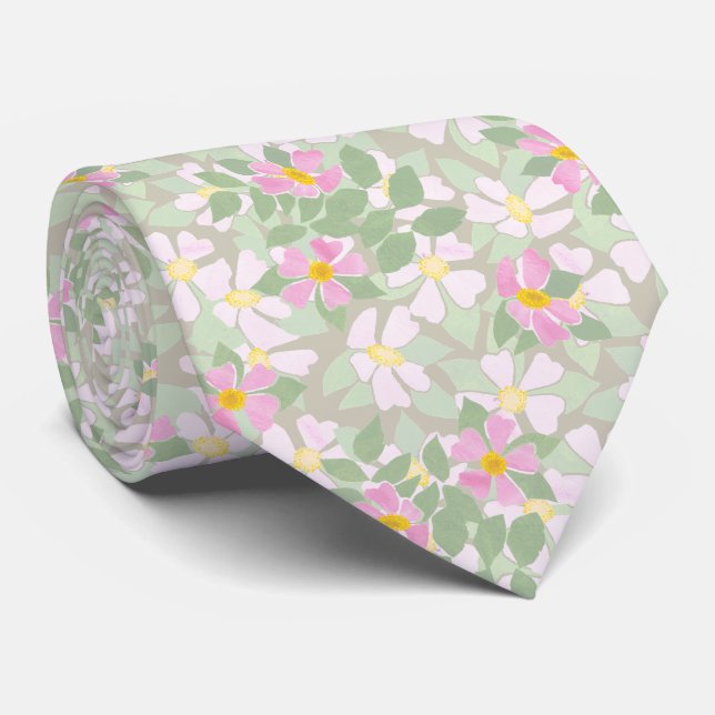 Pale Pink and White Dog Roses on Taupe Background Tie (Rolled)