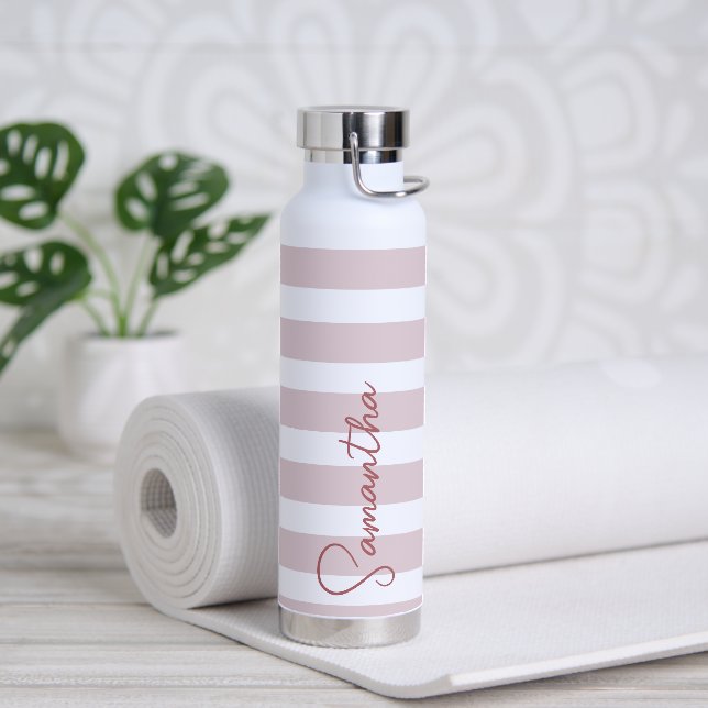 Pale Pink and White Stripes Personalised Water Bottle (Yoga)