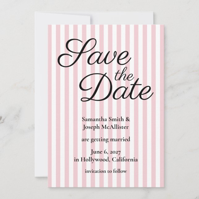 Pale Pink and White Stripes Save The Date (Front)