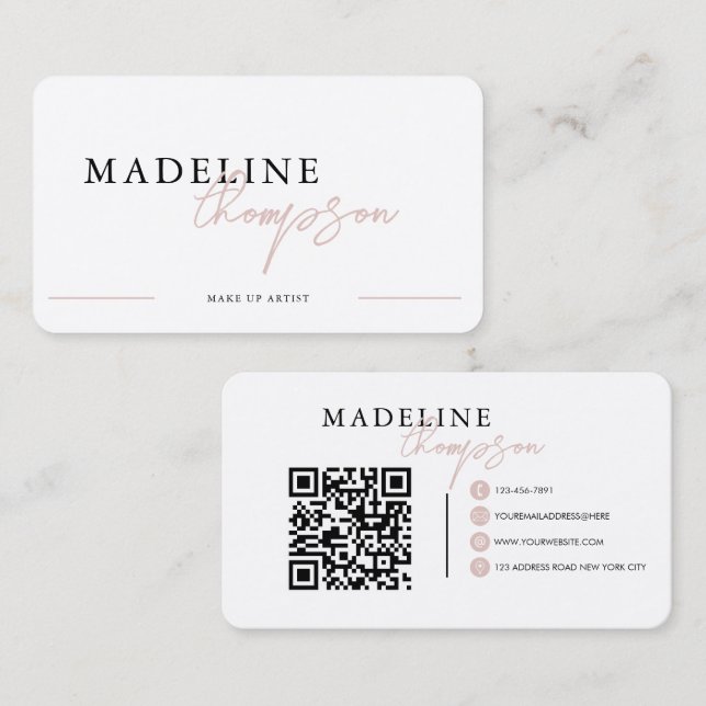 Pale Pink Beige Calligraphy Script QR code Business Card (Front/Back)