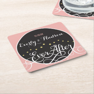 Pale Pink Blossom Bride and Groom Date Wedding Square Paper Coaster