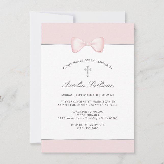 Pale Pink Bow Baptism Invitation (Front)
