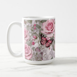 Pale Pink Butterflies and Roses Floral Coffee Mug