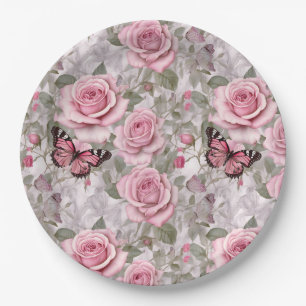 Pale Pink Butterflies and Roses Floral Paper Plate