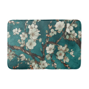 Pale Pink Cherry Blossoms on Aqua Teal Background Bath Mat
