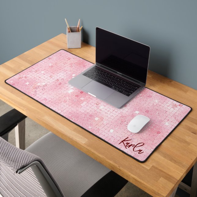 Pale pink disco mirrors glitter | custom monogram desk mat (Office 2)