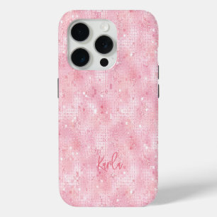 Pale pink disco mirrors glitter   custom monogram iPhone 15 pro case