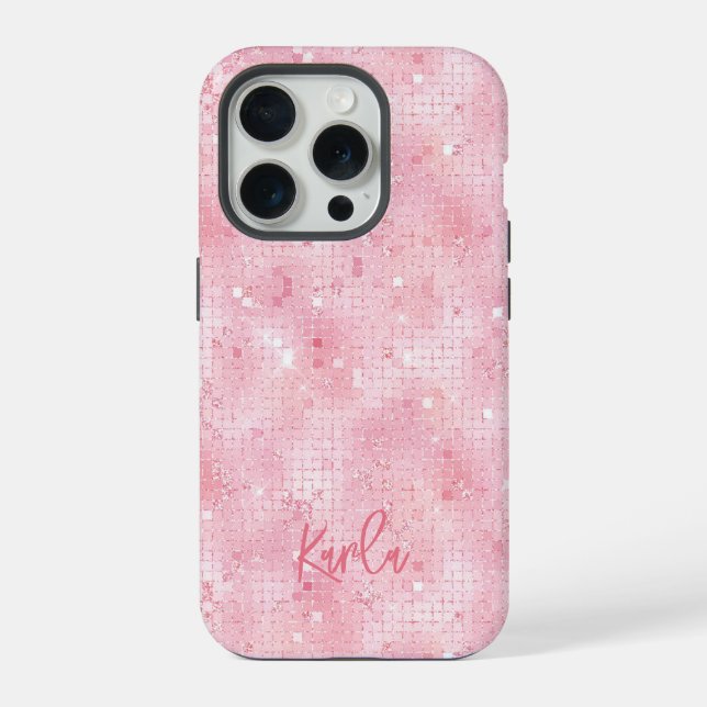 Pale pink disco mirrors glitter | custom monogram iPhone case (Back)