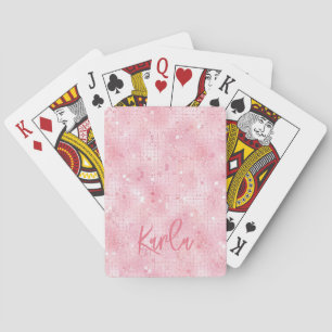 Pale pink disco mirrors glitter   custom monogram playing cards