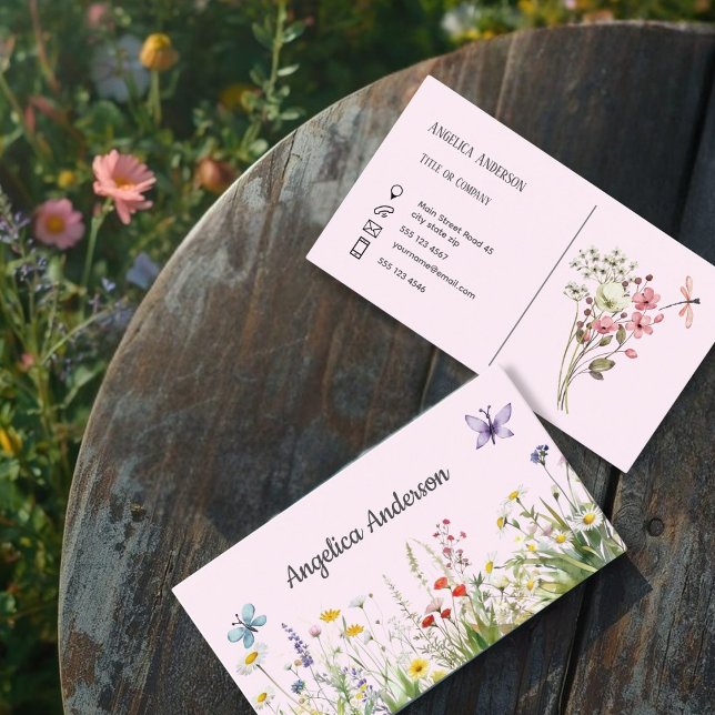 Pale pink Feminine Watercolor Wildflowers Meadow Business Card (Creator Uploaded)