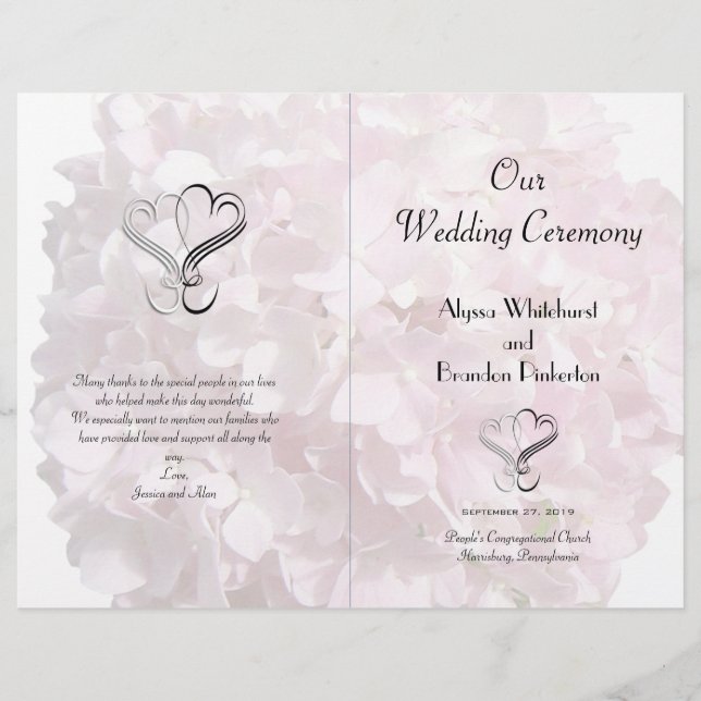 Pale Pink Floral Hearts Folded Wedding Program (Front)