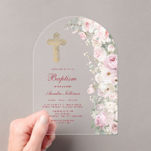 Pale Pink Flowers Arch Baptism Clear Acrylic Invitations