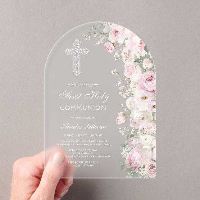 Pale Pink Flowers Arch First Communion Frosted Acrylic Invitations (Insitu (Handheld))