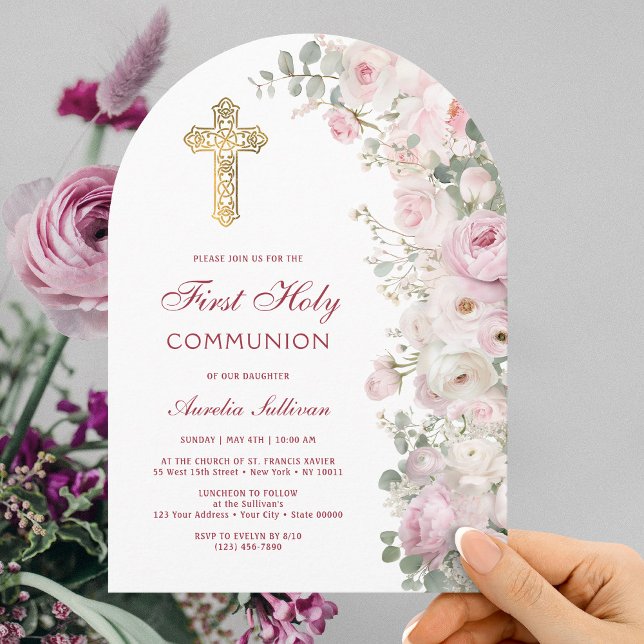 Pale Pink Flowers Arch First Communion Invitation (Creator Uploaded)