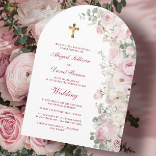 Pale Pink Flowers Arch Religious Wedding Invitation