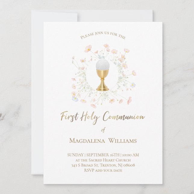 pale pink flowers | First Communion Invitation (Front)