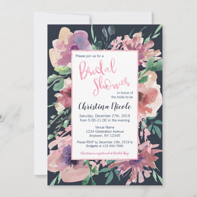 Pale Pink Foil Dark Navy Grey Floral Bridal Shower Invitation (Front)