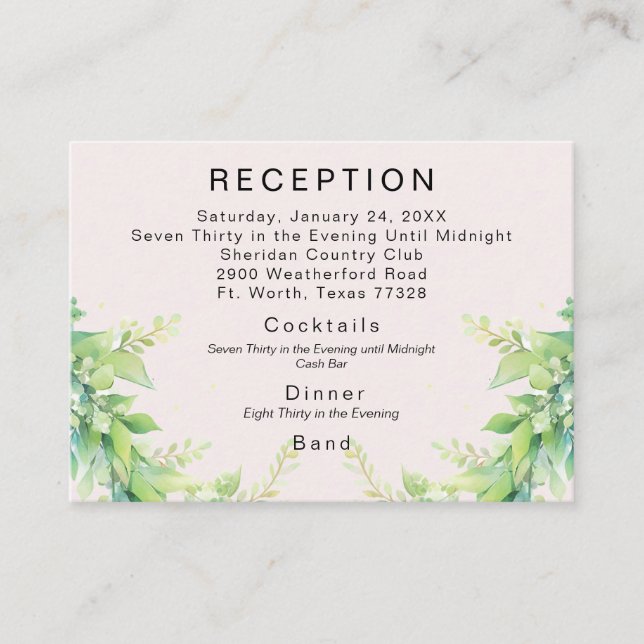Pale Pink Foliage Cash Bar Wedding Reception Enclosure Card (Front)