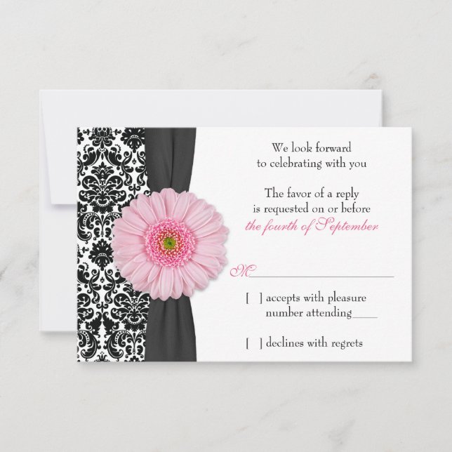 Pale Pink Gerber Daisy Damask Wedding RSVP Reply Invitation (Front)