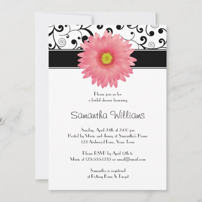 Pale Pink Gerbera Daisy Black Scroll Bridal Shower Invitation (Front)