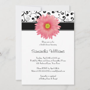 Pale Pink Gerbera Daisy Black Scroll Bridal Shower Invitation