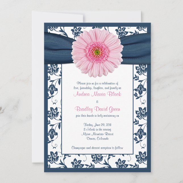 Pale Pink Gerbera Navy Floral Wedding Invitation (Front)